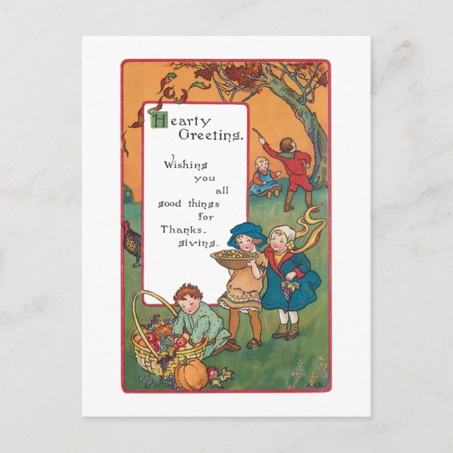 Vintage Harvest Children and Thanksgiving Verse Holiday Postcard (Front)