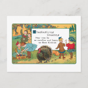 Vintage Harvest Children and Thanksgiving Verse Holiday Postcard