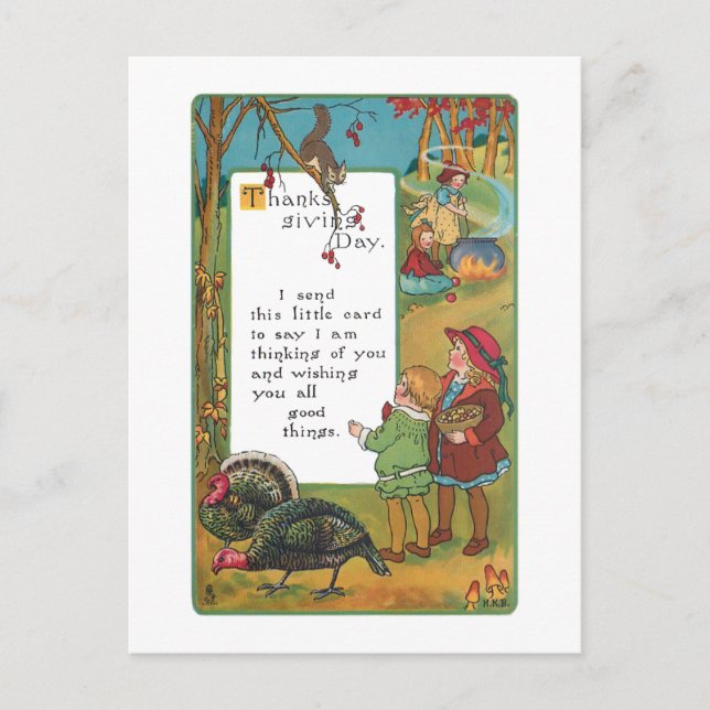 Vintage Harvest Children and Thanksgiving Verse Holiday Postcard (Front)