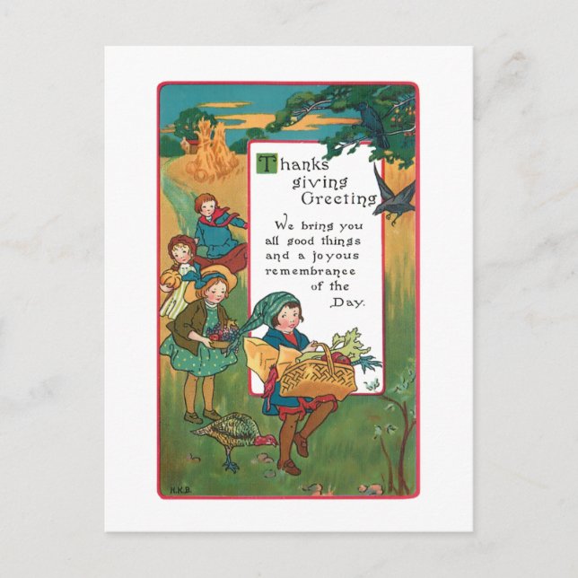Vintage Harvest Children and Thanksgiving Verse Holiday Postcard (Front)
