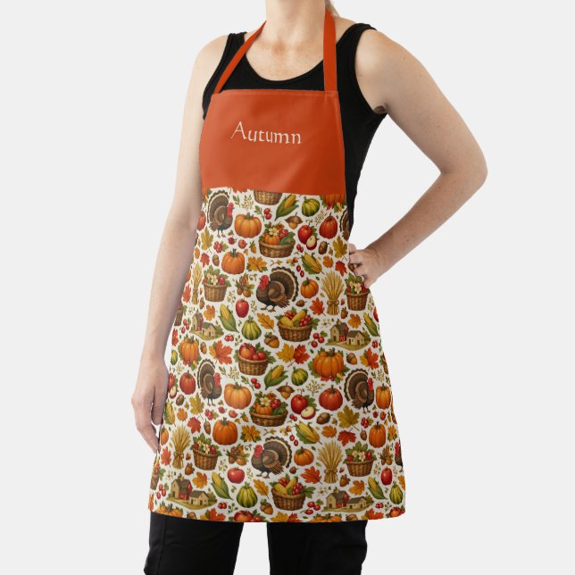 Vintage Harvest Farmhouse Thanksgiving Name Apron (Insitu)
