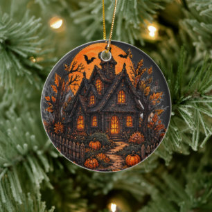 Vintage Haunted Cottage Gothic Halloween Moonlight Ceramic Tree Decoration