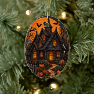 Vintage Haunted Cottage Gothic Halloween Moonlight Ceramic Tree Decoration