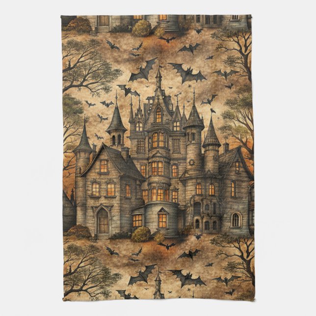 Vintage Haunted House (2) Tea Towel (Vertical)