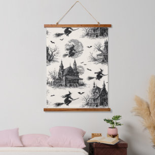Vintage Haunted House and Witch Toile Pattern (2) Hanging Tapestry
