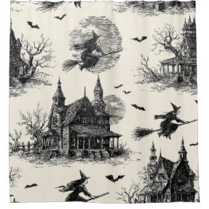 Vintage Haunted House and Witch Toile Pattern (2) Shower Curtain