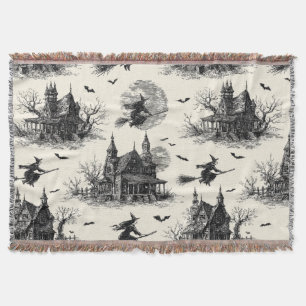 Vintage Haunted House and Witch Toile Pattern (2) Throw Blanket