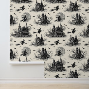 Vintage Haunted House and Witch Toile Pattern (2) Wallpaper