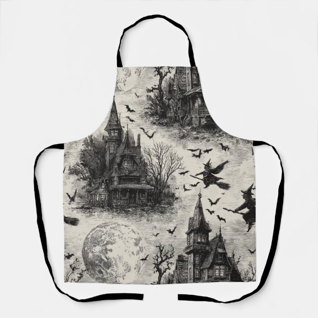 Vintage Haunted House and Witch Toile Pattern Apron (Front)