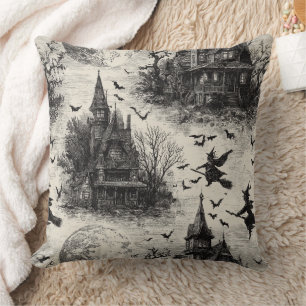 Vintage Haunted House and Witch Toile Pattern Cushion
