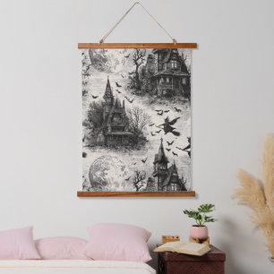 Vintage Haunted House and Witch Toile Pattern Hanging Tapestry