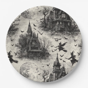 Vintage Haunted House and Witch Toile Pattern Paper Plate