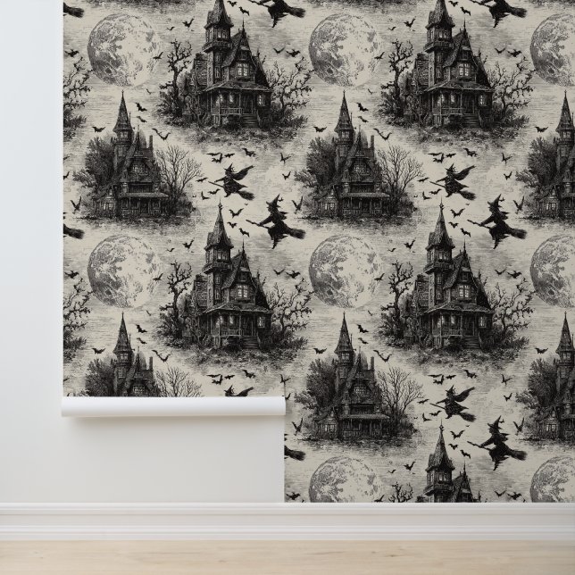 Vintage Haunted House and Witch Toile Pattern Wallpaper (Application)