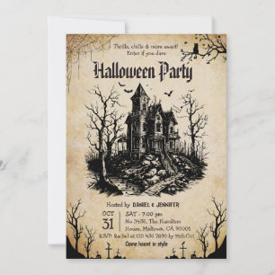 Vintage Haunted House bats Halloween Party Gothic Invitation