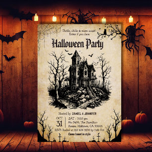 Vintage Haunted House bats Halloween Party Gothic Invitation