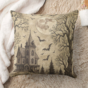 Vintage Haunted House & Full Moon Cushion