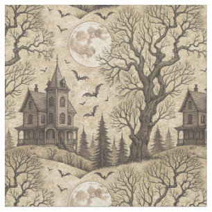 Vintage Haunted House & Full Moon Fabric