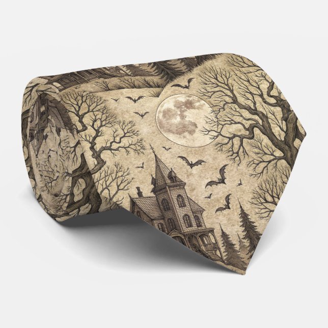Vintage Haunted House & Full Moon Tie (Rolled)