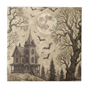 Vintage Haunted House & Full Moon Tile