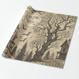 Vintage Haunted House & Full Moon Wrapping Paper