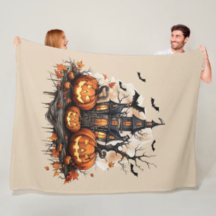 Vintage Haunted House Jack O Lantern Halloween Fleece Blanket