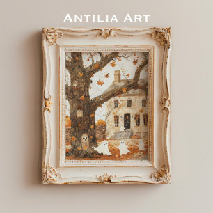 Vintage Haunted House Painting Whimsical Ghosts Poster