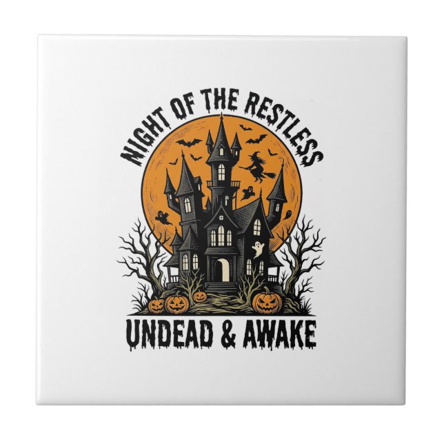 Vintage Haunted House Restless Dead Halloween Art_ Tile (Front)