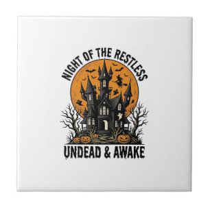 Vintage Haunted House Restless Dead Halloween Art_ Tile