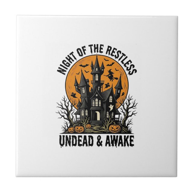 Vintage Haunted House Restless Dead Halloween Art_ Tile (Front)