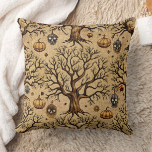 Vintage Haunted Trees & Pumpkin Lanterns Pattern Cushion