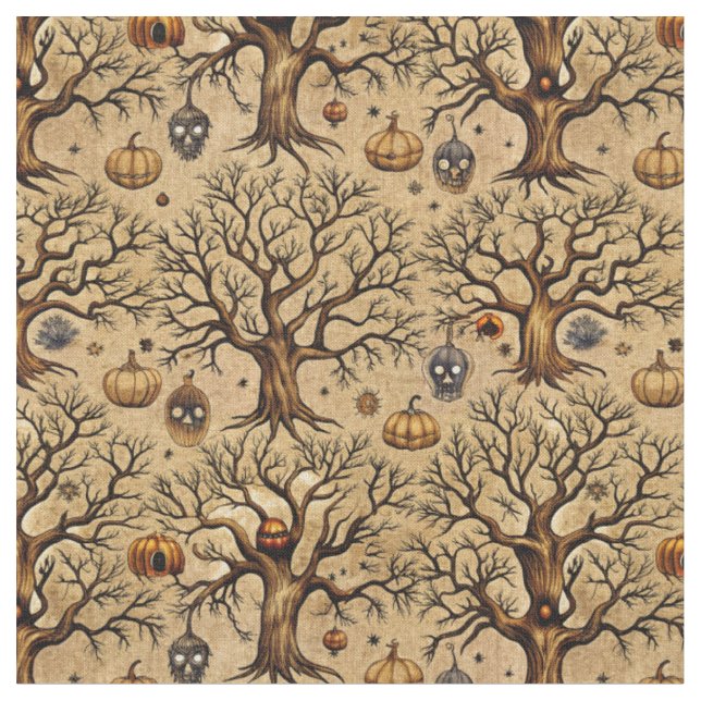 Vintage Haunted Trees & Pumpkin Lanterns Pattern Fabric (Close Up)