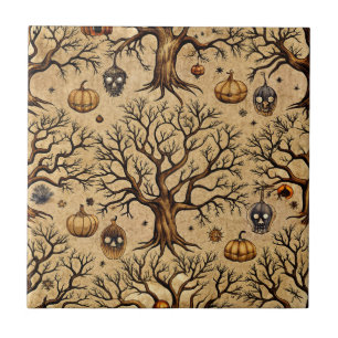 Vintage Haunted Trees & Pumpkin Lanterns Pattern Tile