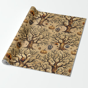 Vintage Haunted Trees & Pumpkin Lanterns Pattern Wrapping Paper