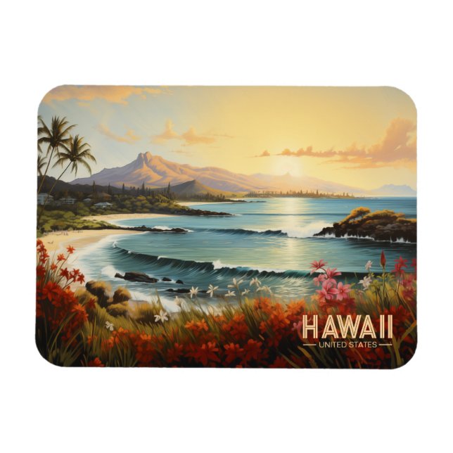 Vintage Hawaii Beach Tropical Paradise Painting Magnet (Horizontal)