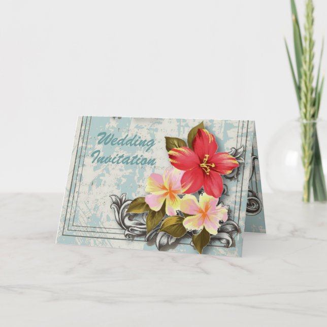 vintage hawaii hibiscus floral tropical wedding invitation (Front)