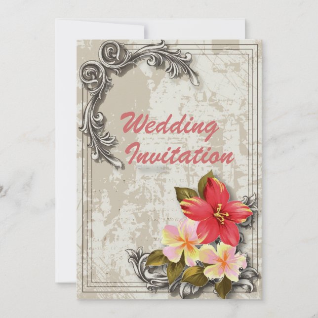 vintage hawaii hibiscus floral tropical wedding invitation (Front)