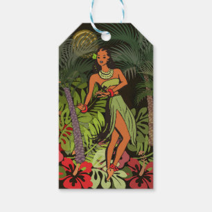 Vintage Hawaii Hula Dancers Retro Tiki Palm Tree Gift Tags