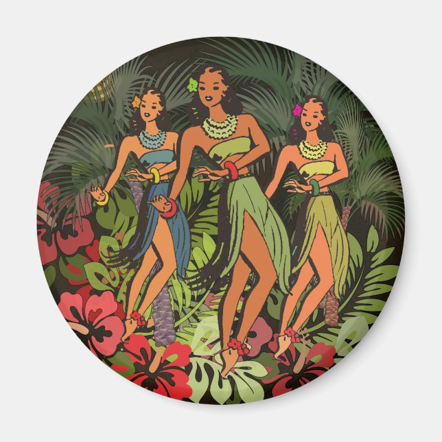 Vintage Hawaii Hula Dancers Retro Tiki Palm Tree Magnet (Front)