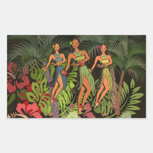 Vintage Hawaii Hula Dancers Retro Tiki Palm Tree Rectangular Sticker