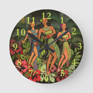 Vintage Hawaii Hula Dancers Retro Tiki Palm Tree Round Clock
