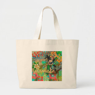 Vintage Hawaii Hula Graphic Art Tropical Large Tote Bag