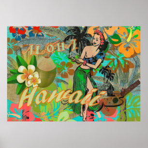 Vintage Hawaii Hula Graphic Art Tropical Poster