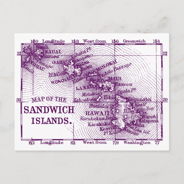 Vintage Hawaii Map, Purple Postcard (Front)
