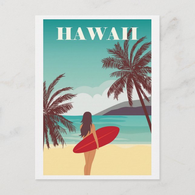 Vintage Hawaii Ocean Beach Surfing Woman Travel Postcard (Front)