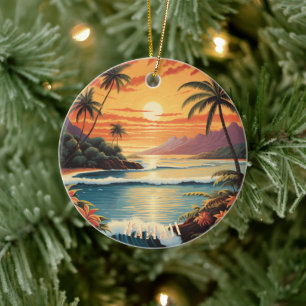 Vintage Hawaii Sunset Painting Sea Beach Towel Ceramic Tree Decoration