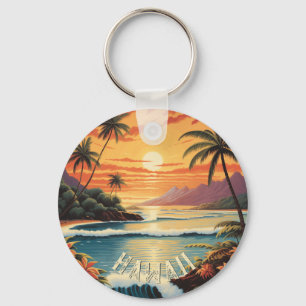 Vintage Hawaii Sunset Painting Sea Beach Towel Key Ring