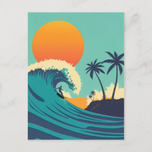 Vintage Hawaii Surfing Sunset & Waves Travel Postcard