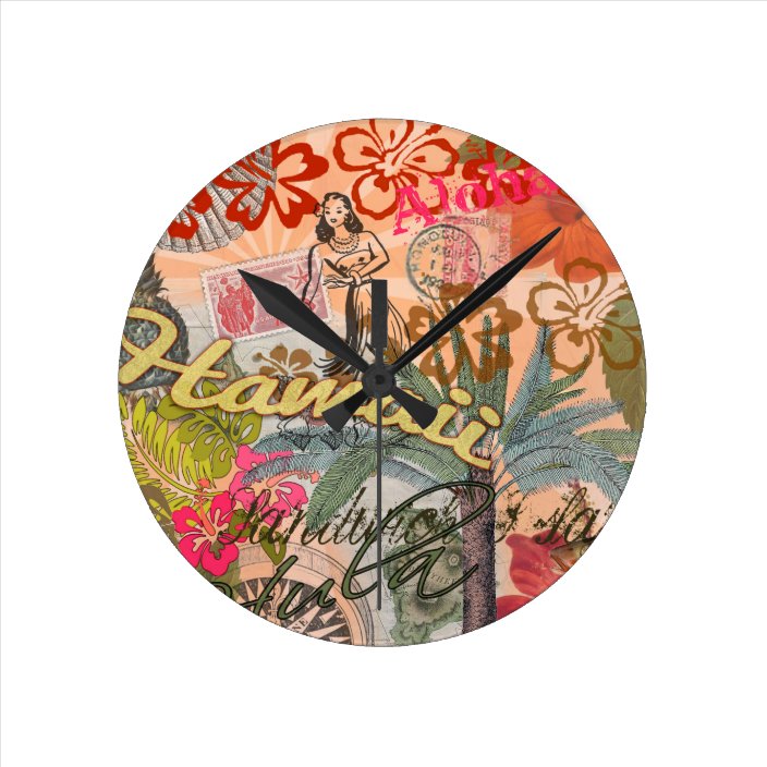 Vintage Hawaii Travel Colourful Hawaiian Tropical Round Clock Zazzle