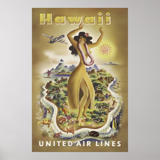 Vintage Hawaii Travel Poster Print, Hula Dancer (Front)