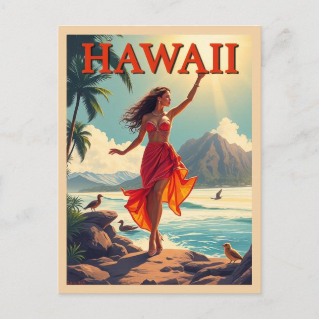 Vintage Hawaii Tropical Beach Ocean Woman Travel Postcard (Front)